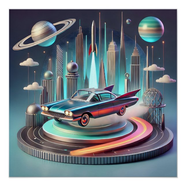 Atomic Futuristic Big Fins Coupe Car Poster (Front)