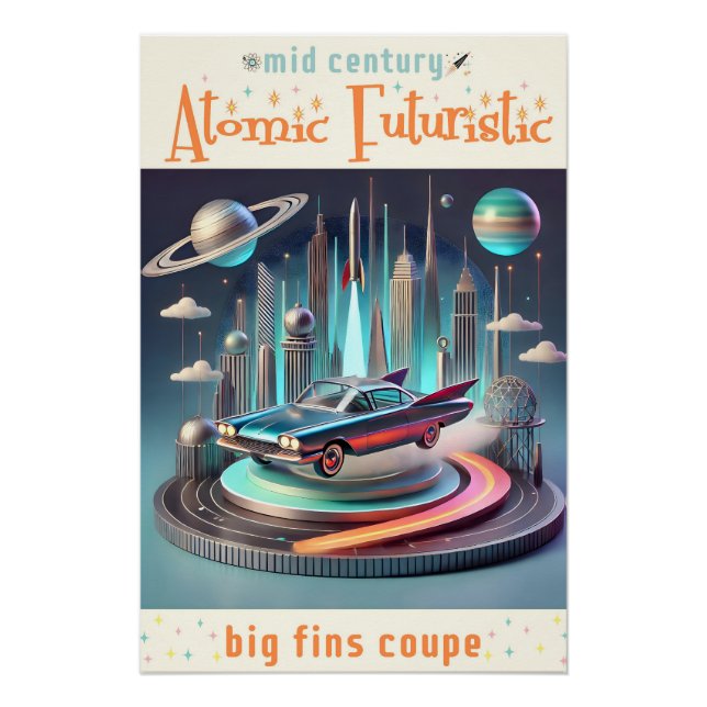Atomic Futuristic Big Fins Coupe Car Poster (Front)