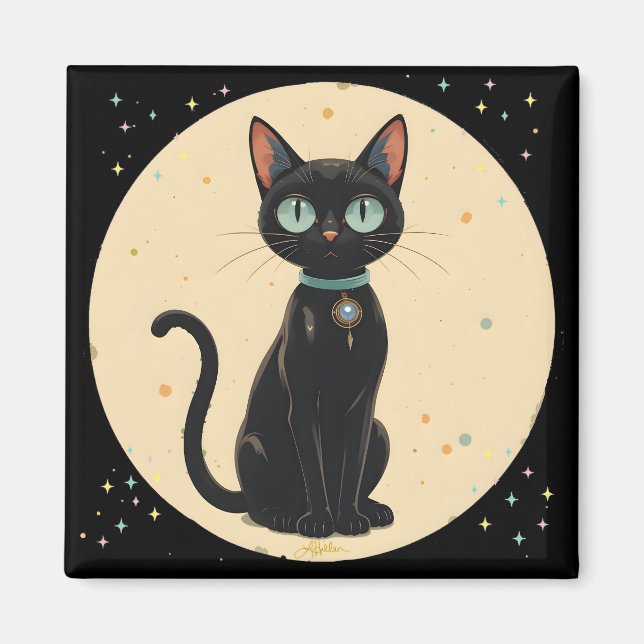 Atomic Futuristic Black Cat Moon Magnet (Front)