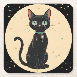 Atomic Futuristic Black Cat Moon Square Paper Coaster