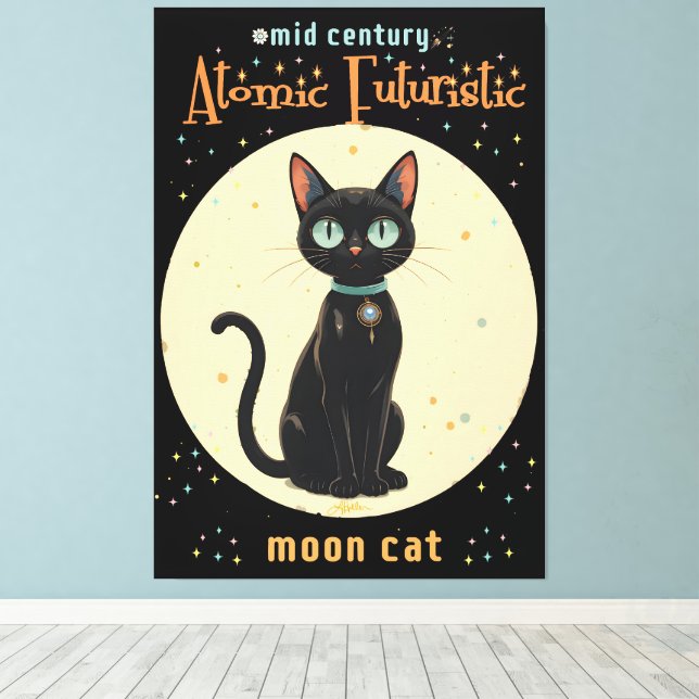 Atomic Futuristic Black Cat Moon with text Canvas Print (Insitu(Wood Floor))