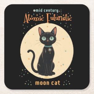 Atomic Futuristic Black Cat Moon with text Square Paper Coaster