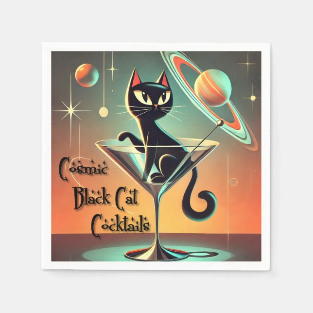 Atomic Futuristic Cosmic Black Cat Cocktails Napkin (Front)