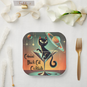 Atomic Futuristic Cosmic Black Cat Cocktails Paper Plate