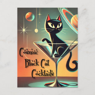 Atomic Futuristic Cosmic Black Cat Cocktails Postcard