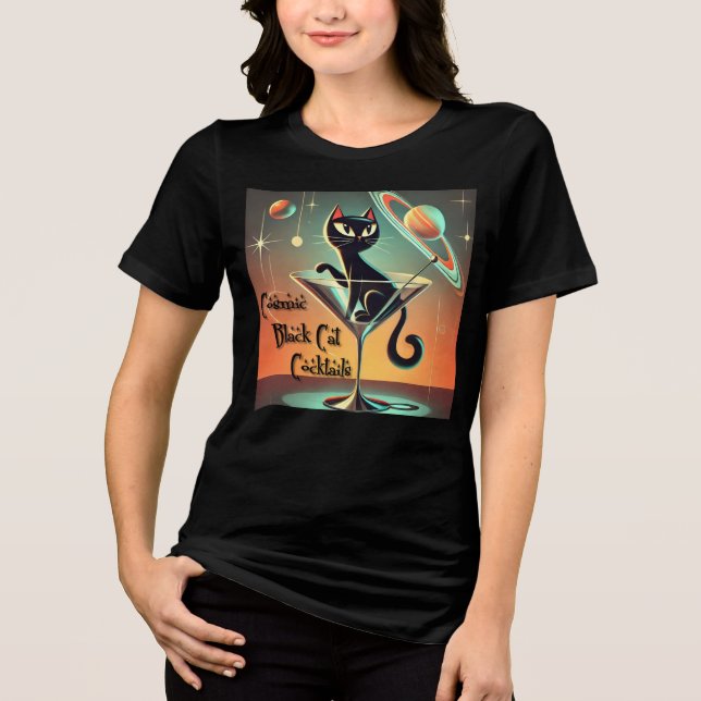 Atomic Futuristic Cosmic Black Cat Cocktails Tri-Blend Shirt (Front)
