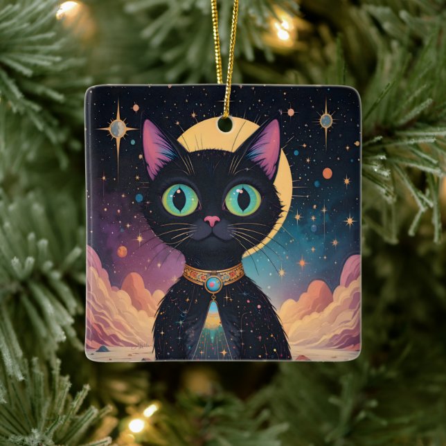 Atomic Futuristic Cosmic Black Cat in Moonlight Ceramic Ornament (Tree)