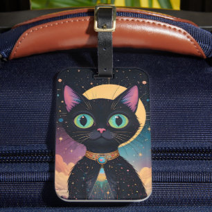 Atomic Futuristic Cosmic Black Cat in Moonlight Luggage Tag