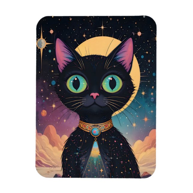 Atomic Futuristic Cosmic Black Cat in Moonlight Magnet (Vertical)