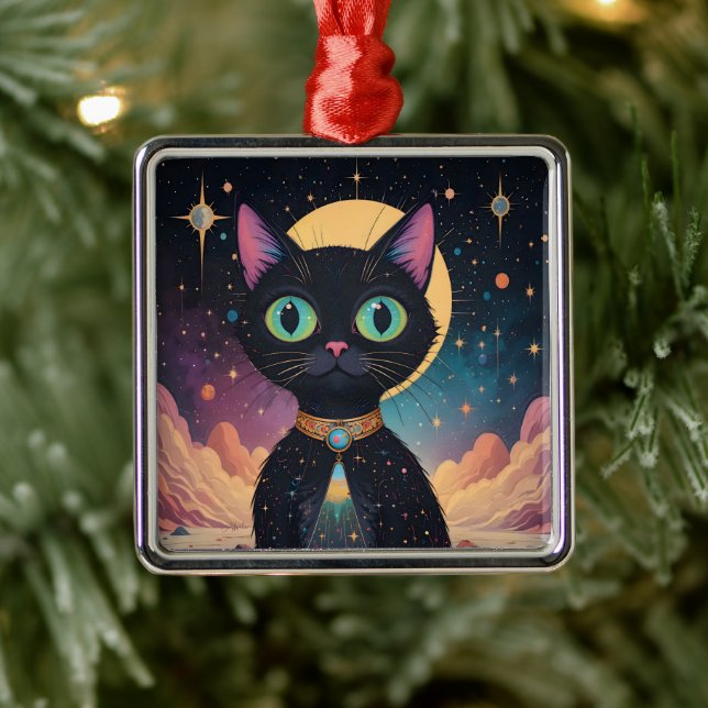 Atomic Futuristic Cosmic Black Cat in Moonlight Metal Tree Decoration (Tree)
