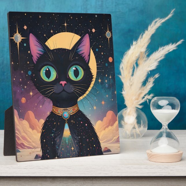 Atomic Futuristic Cosmic Black Cat in Moonlight Plaque (Side)