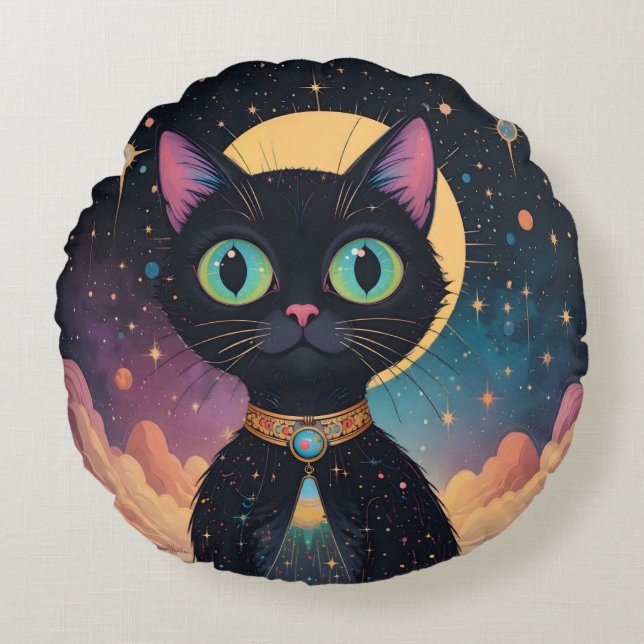 Atomic Futuristic Cosmic Black Cat in Moonlight Round Cushion (Front)