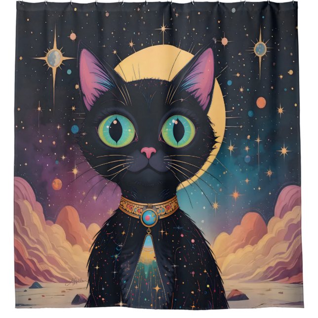 Atomic Futuristic Cosmic Black Cat in Moonlight Shower Curtain (Front)