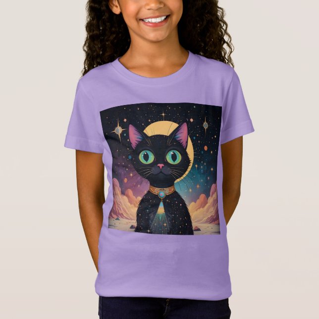 Atomic Futuristic Cosmic Black Cat in Moonlight T-Shirt (Front)