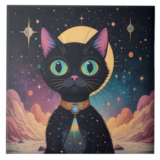 Atomic Futuristic Cosmic Black Cat in Moonlight Tile (Front)