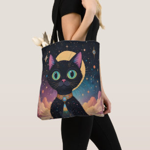 Atomic Futuristic Cosmic Black Cat in Moonlight Tote Bag