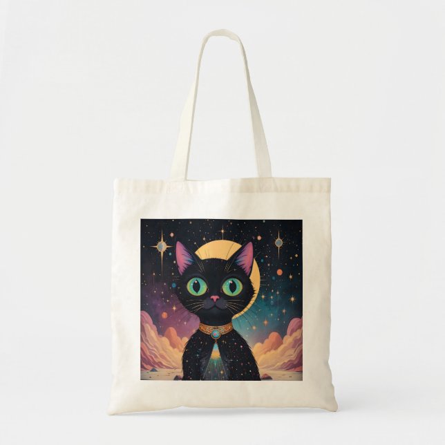 Atomic Futuristic Cosmic Black Cat in Moonlight Tote Bag (Front)