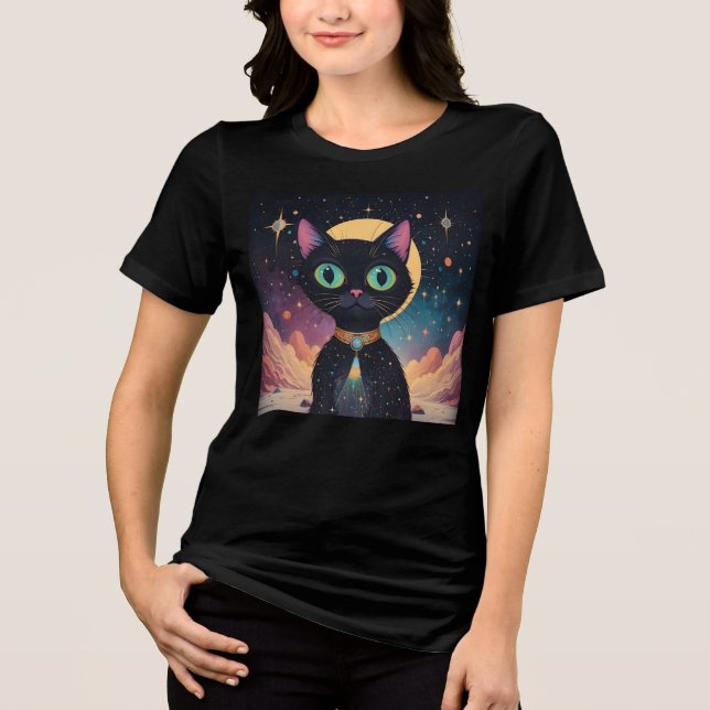 Atomic Futuristic Cosmic Black Cat in Moonlight Tri-Blend Shirt (Front)