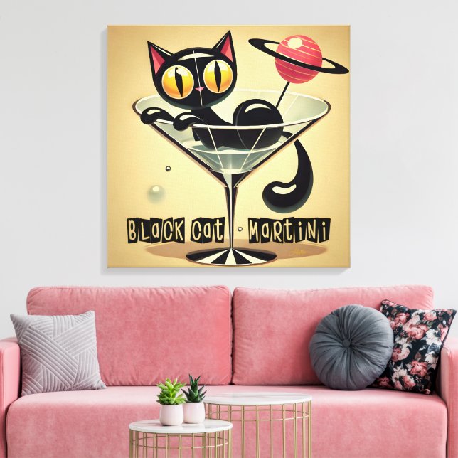 Atomic Futuristic Space Age Black Cat Martini Canvas Print (Insitu(LivingRoom))