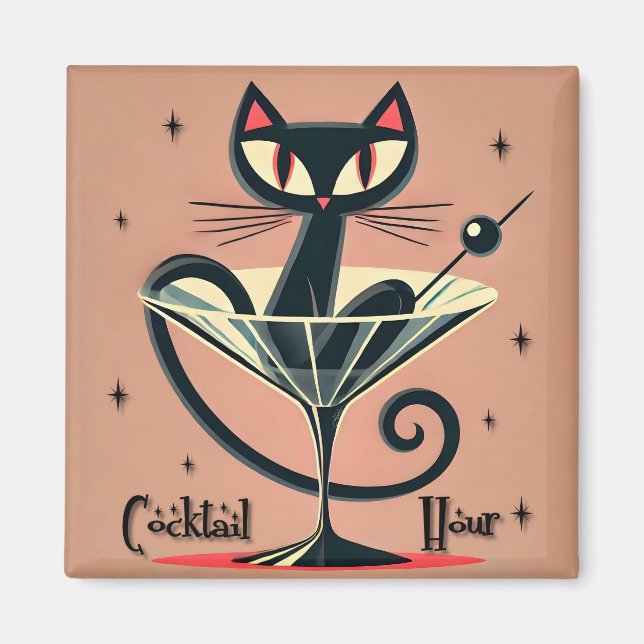 Atomic Futuristic Space Age Black Cat Martini Magnet (Front)