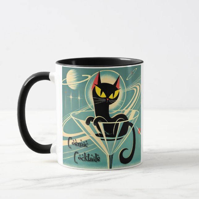 Atomic Futuristic Space Age Black Cat Martini Mug (Left)