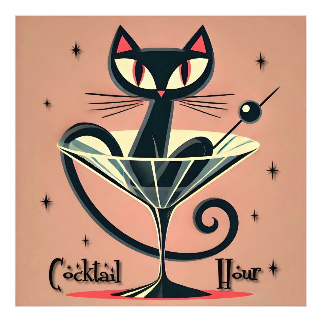 Atomic Futuristic Space Age Black Cat Martini Photo Print (Front)