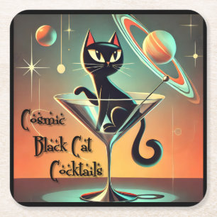 Atomic Futuristic Space Age Black Cat Martini Square Paper Coaster
