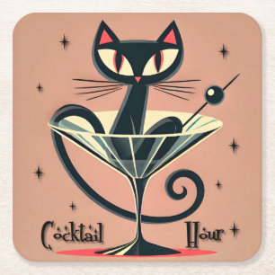 Atomic Futuristic Space Age Black Cat Martini Square Paper Coaster