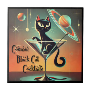Atomic Futuristic Space Age Black Cat Martini Tile