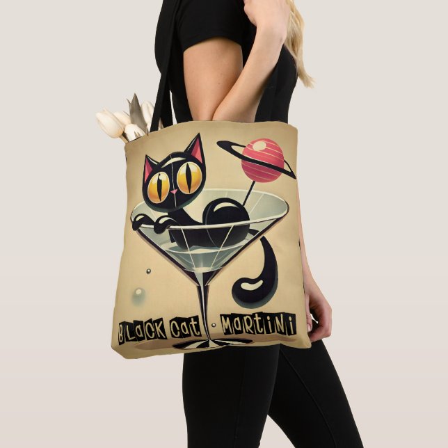 Atomic Futuristic Space Age Black Cat Martini Tote Bag (Close Up)