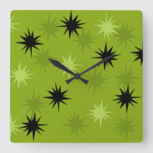 Atomic Green Starbursts Square Wall Clock (Front)