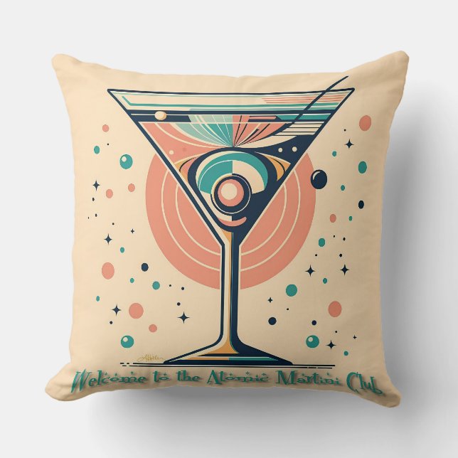 Atomic Martini Club Retro Futuristic Space Age Cushion (Front)