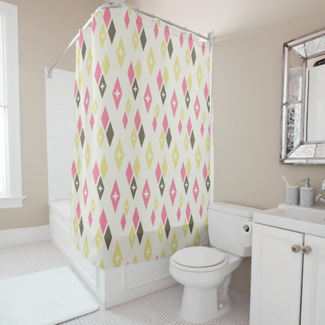 Atomic MCM Diamonds Pattern Pink, Yellow, Green Shower Curtain (In Situ)