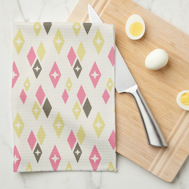 Atomic MCM Diamonds Pattern Pink, Yellow, Green Tea Towel (Quarter Fold)