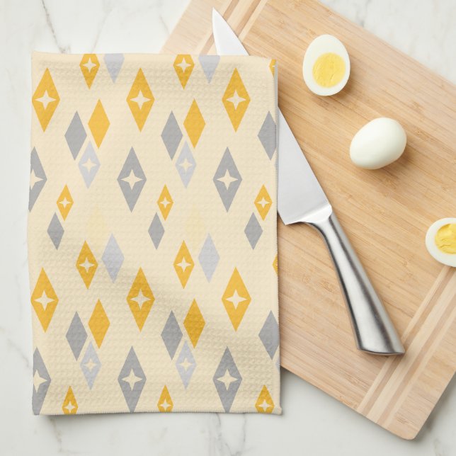 Atomic MCM Diamonds Pattern Yellow, Grey Tea Towel (Quarter Fold)