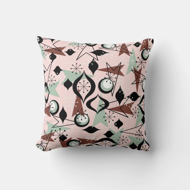 Atomic, Pink, Black and Aqua Fifties Throw Pillow (Front)
