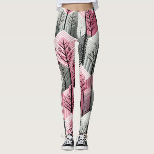 Atomic Pink Grey Geometric Tree Grid Leggings