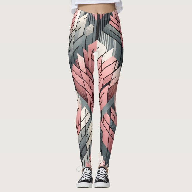Atomic Pink Grey Geometric Trees Pattern Leggings (Front)