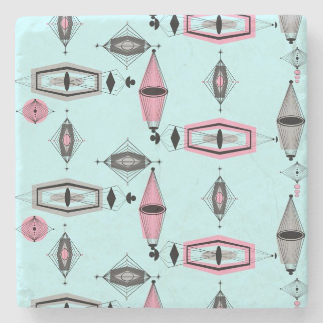 Atomic Pink & Grey Pattern Marble Stone Coaster (Front)