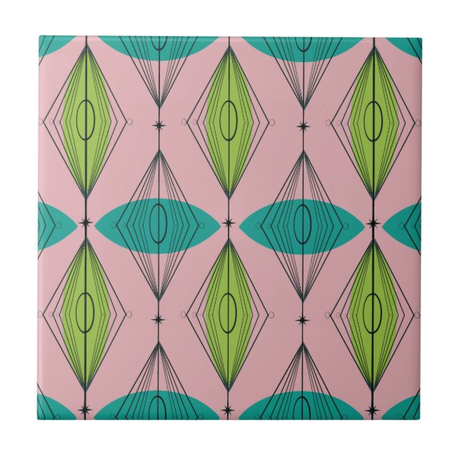 Atomic Pink Ogee & Starbursts Ceramic Tile (Front)