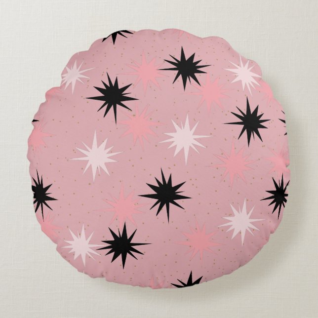 Atomic Pink Starbursts Round Pillow (Front)