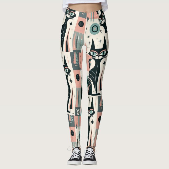 Atomic Pink Teal Mid‑Century Cat Pattern Leggings (Front)