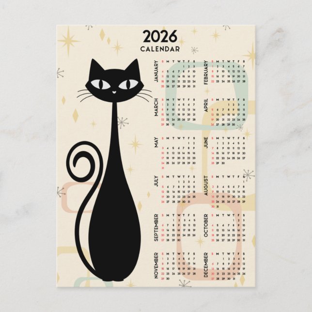 Atomic Retro Black Cat Mid Century 2026 Calendar Postcard (Front)