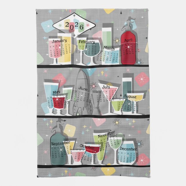 Atomic Retro Cocktails 2026 Calendar Tea Towel (Vertical)