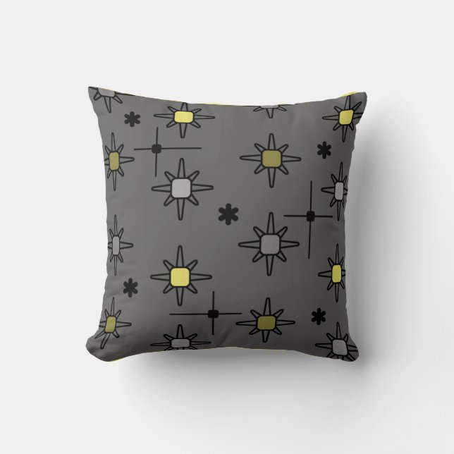 Atomic Sky Starbursts Dark Grey Yellow Cushion (Front)
