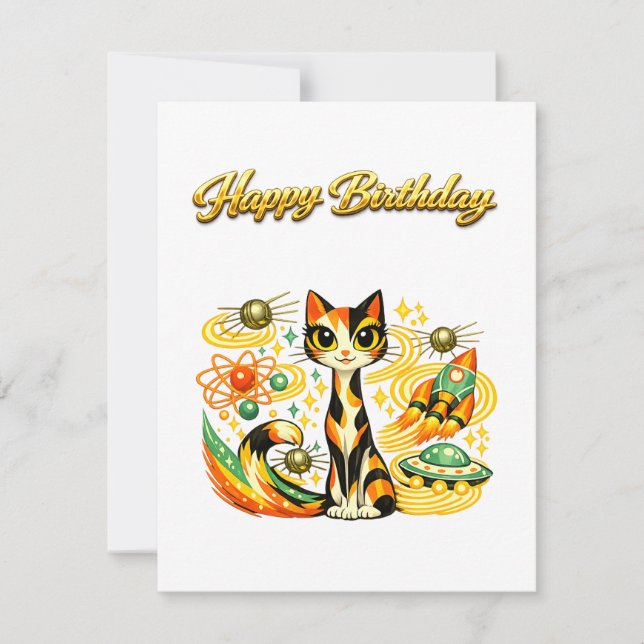 Atomic Space Age Sci Fi Calico Cat Happy Birthday (Front)