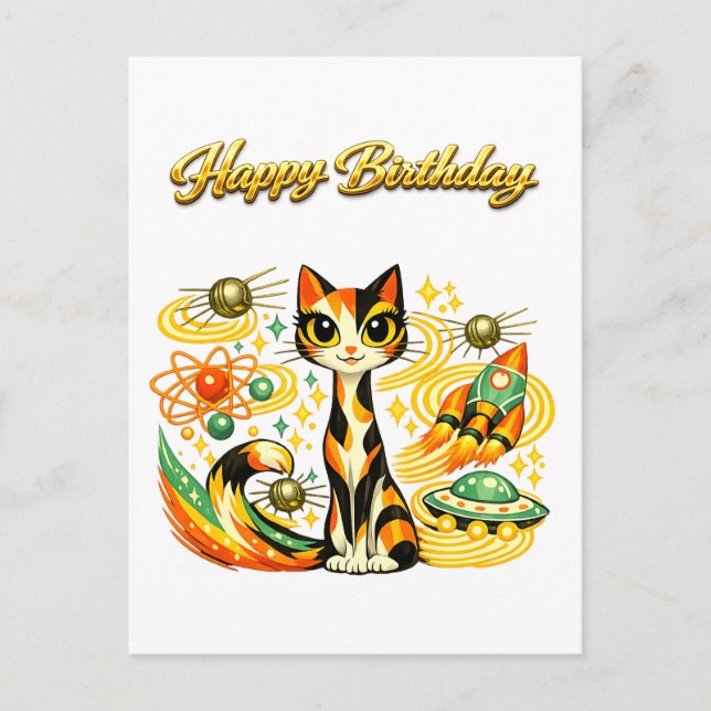 Atomic Space Age Sci Fi Calico Cat Happy Birthday Postcard (Front)