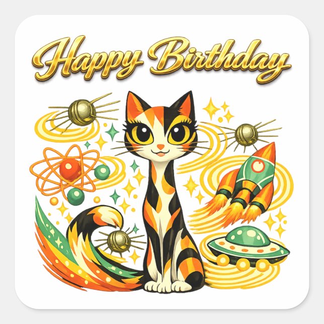 Atomic Space Age Sci Fi Calico Cat Happy Birthday Square Sticker (Front)