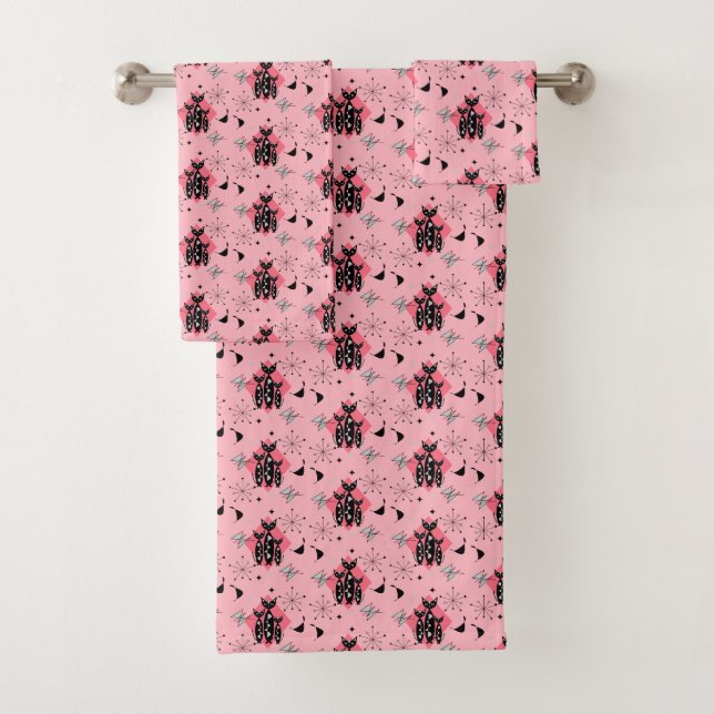 Atomic Star Burst Modern Mid Century Cats Bath Towel Set (Insitu)