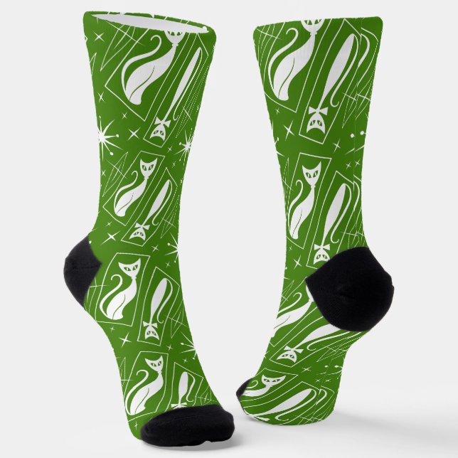 Atomic Star Cat MidCentury Modern Christmas MCM Socks (Angled)